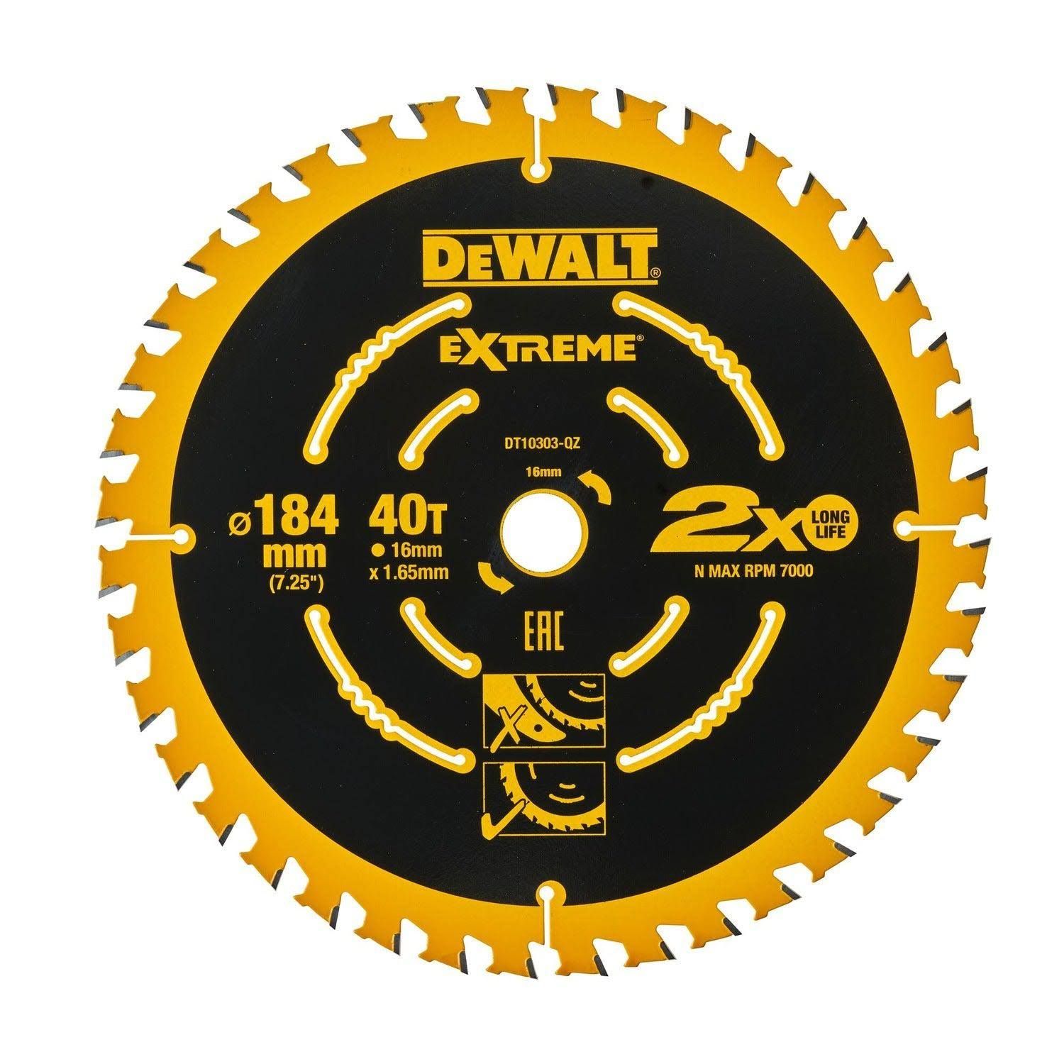 DeWalt DT10303 Extreme Cirkelzaagblad - 184 x 16 x 40T - Hout (Met nagels)