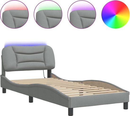 vidaXL Bedframe met LED, 90x200 cm, Stof, Lichtgrijs