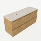 Saniclass Holz Pure Badkamermeubelset - 140x45x63cm - Travertine natuurstenen topblad - zonder kraangat - 4 lades - mat eiken natural