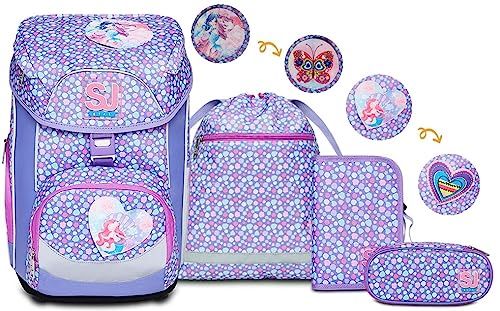 Schoolset SJ GANG UPDOWN BOX - LOVELY DOTS - Schoolrugzak met meerdere vakken, ergonomisch, inclusief etui en schoolpenhouder met organizer en sporttas, Paars, Eén maat, Casual