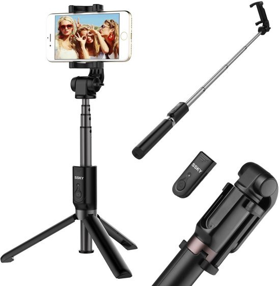 - 3 in 1 Draadloos Selfie Stick Tripod met 360Â° rotation Phone Clip Mount en Bluetooth Remote shutter voor iPhone X / iPhone 8 / 8 Plus / 7 / 7 Plus / 6 / 6 Plus / Samsung Note 8 / S8 / S8 Plus / OnePlus Black