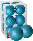 Gerimport Kerstballen 12x ijsblauw - kunststof glitters - 8 cm diameter