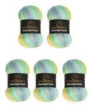Moonlight Wollbiene Moonlight Glitter Batik Simli Breiwol, 5 x 100 g, 500 g, 20% wol metallic, kleurverloop, glitterwol (3070 geel, turquoise, blauw)