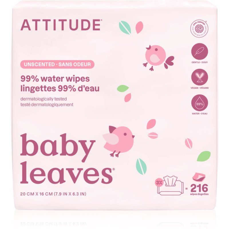 Attitude Baby Leaves Trio Babydoekjes 99% Water Zonder Parfum 216 Stuks