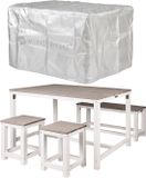 WONDERMAKE® Design Houten Tuinmeubelset met Hoes voor 4 Personen, Tuin- en Balkonset, 4-delige Eettafelset: Tafel, Bank, Stoelen, Kruk, Wit/Grijs