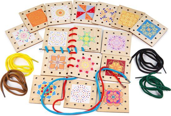 Bigjigs Houten Rijgpuzzel Tegels Vormen, 22dlg.