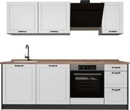 Vicco Complete keukeneenheid R-Line, Wit landelijk/Antraciet, 220 cm goudkleurig eiken werkblad