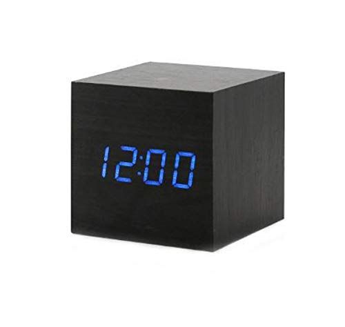 ThreeH Houten Digitale Wekker Kubus Kleine Klok Met LED Temperatuur Tijd Kalenderweergave Geluidscontrole Snooze-modus USB/Batterijgevoede Klok Voor Thuiskantoor AC10 Black_Blue