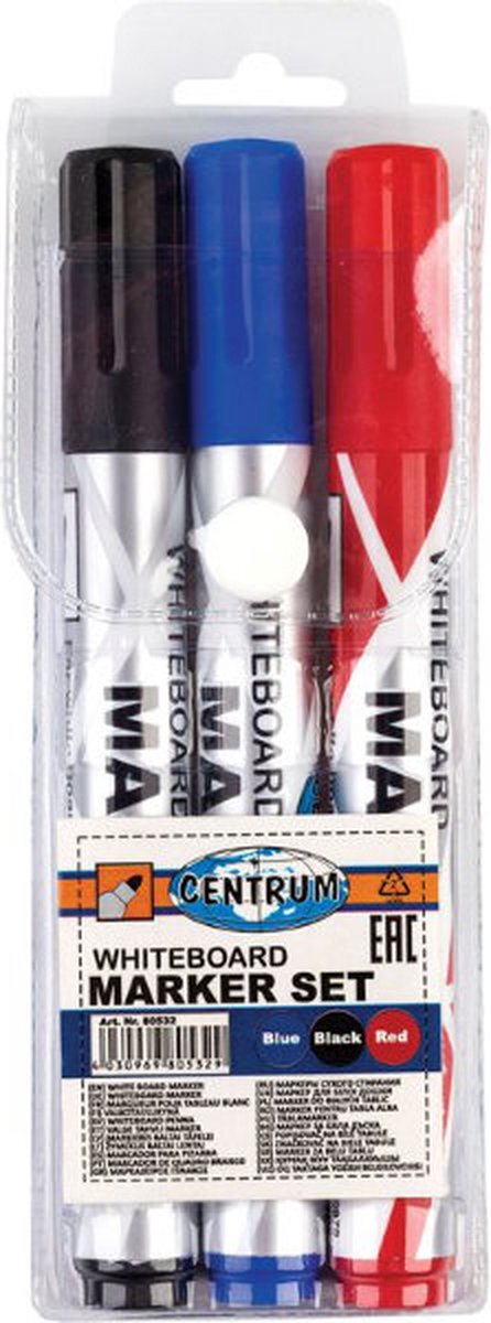 Centrum Whiteboard Stiften Kleuren 3-Pack dikke punt - Markers Whiteboard Stiften Zwart - Blauw - Rood