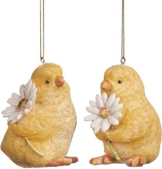 Viv! Christmas Easter Decoration Hanger - Chicks with Flower - set of 2 - Easter - yellow white - 8cm