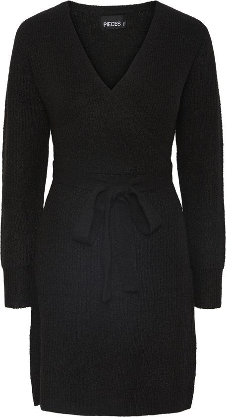 PIECES PCELLEN LS WRAP KNIT DRESS NOOS BC - Zwarte wikkeljurk voor dames - Maat S