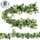 TOSAVGA 2 pièces guirlande d'eucalyptus 1,8m, guirlandes d'eucalyptus artificielles, guirlande de fleurs avec fleurs blanches, guirlande de feuilles, guirlande de plantes artificielles verte, pour décoration de mariage et de maison