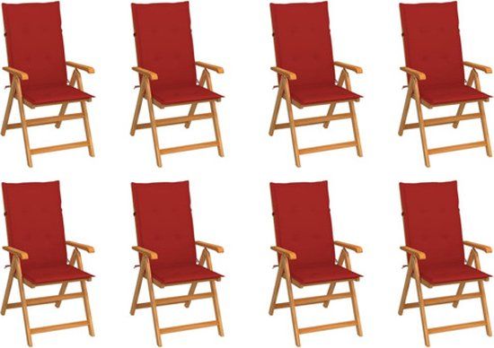vidaXL Verstelbare klapstoelen met kussens, 8 stuks, massief teakhout