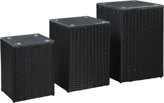vidaXL 3-delige Bijzettafelset met glazen blad, poly rattan, zwart