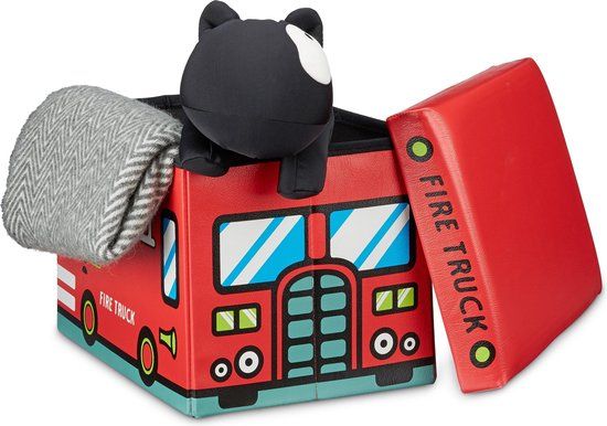 Relaxdays Kinderpoef met Opbergruimte - Fire Truck Print