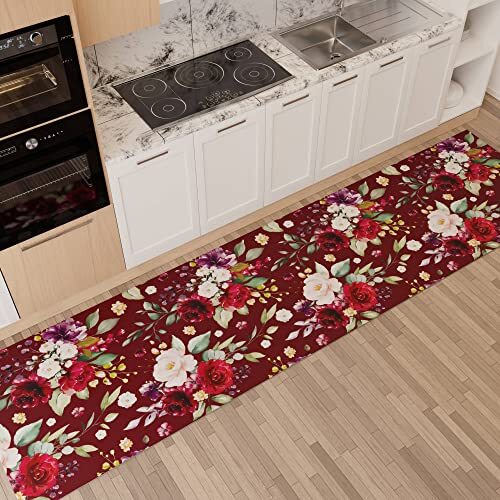 PETTI Artigiani Italiani - Tapijt voor keuken, antislip en wasbaar, 52 x 140 cm, bloemenpatroon, 07 bordeaux, 100% Made in Italy