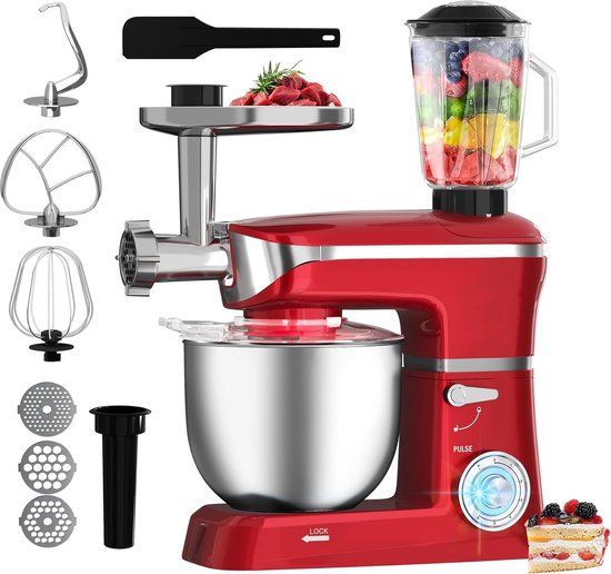 Royalty Line PKM1900BG Keukenmachine - 1900W - Rood - 6.5 Liter - Met Blender, Vleesmolen, Garde, Deeghaak, Menghaak