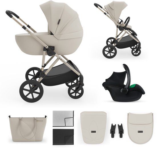 Kinderkraft PRIME 3 Kinderwagen - 3-in-1 met reiswieg, zitje en autostoeltje - Beige