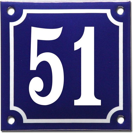 EmailleDesign® Emaille huisnummer blauw/wit nr. 51
