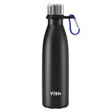 YISH Thermosfles, water: Drinkfles van roestvrij staal 500 ml voor bruiswater met karabijnhaken, BPA-vrij, warm/koud voor 10 uur sport, sportschool, fiets, camping, reizen, familie