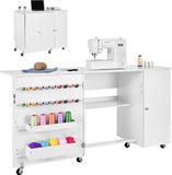 VEVOR Naaitafel, Naaikast met Wielen, Houten Frame, Planken & Magnetische deur, Naaimachinetafel, Multifunctionele Tafel, Draagvermogen 40 Kg, voor Handwerkstation en Bijzettafel, Wit