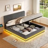 STILVORA Gestoffeerd Bed 160x200 cm – Ledverlichting Met Usb C Oplaadpunten – Verstelbaar Hoofdbord – Onderbed Opbergruimte – Zonder Matras – Corduroy – Donkergrijs
