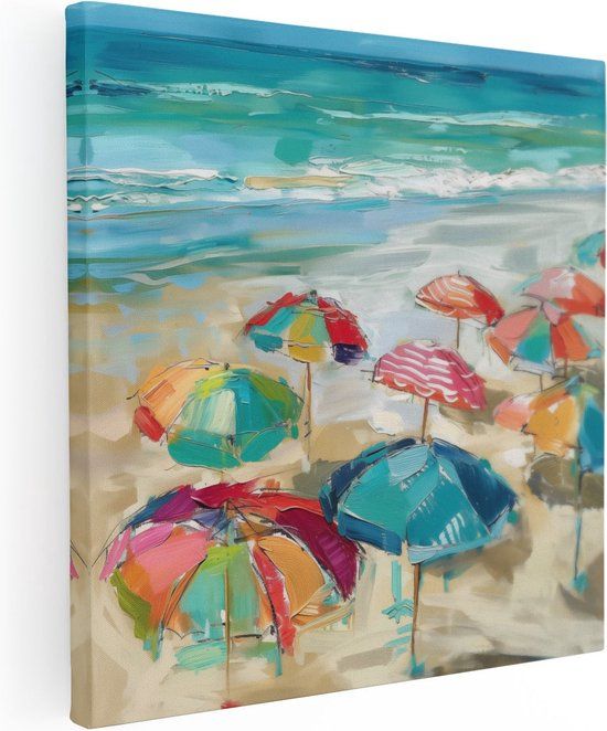 Artaza Canvas Schilderij Kleurrijke Parasols op het Strand - 80x80 cm - Canvas Print