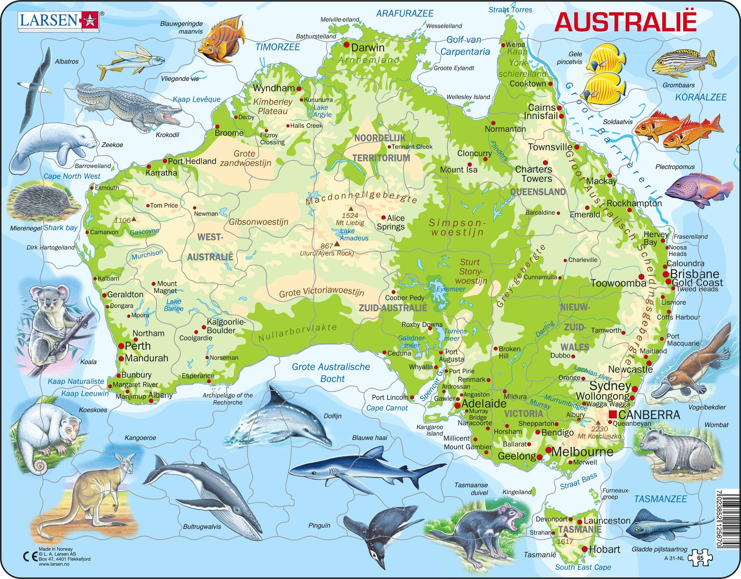 Larsen Maxi Kaart Australië Geografisch met Dieren - 65 stukjes