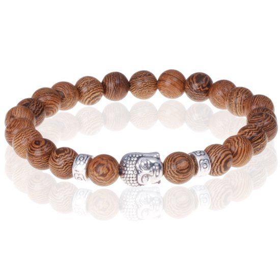 Memphis Accessories Bruine houten kralen armband Zilverkleurige Buddha