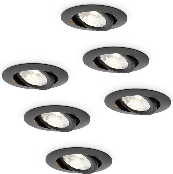 HOFTRONIC Lugo LED inbouwspots 6 stuks – 5 watt 450 lumen 2700K warm wit – dimbaar kantelbaar – zwart aluminium – IP65