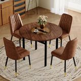 STILVORA Eettafelset 100 Cm - Ronde Tafel Met 4 Stoelen En Glazen Details - Voor Eetkamer En Keuken - Bruin Zwart