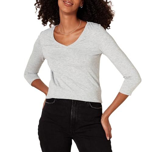 Amazon Essentials Women's T-shirt with 3/4 Sleeves and V-Neck - Classic Fit (Available in Plus Sizes), Light Grey, L