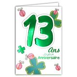 Age Mv 69-2013 wenskaart voor verjaardag, 13 jaar, voor jongens en meisjes, geluksbrenger, geluksbrenger met vier bladeren, lieveheersbeestje