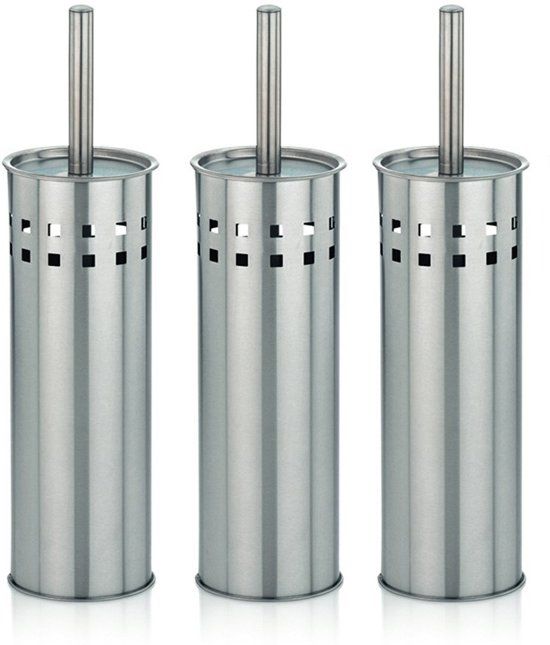 Premium 3x RVS Toiletborstel met Houder Set + Gratis Kunststof Inzetbakje - 35x10cm - 3 Stuks