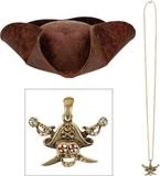 Boland Verkleedkleding set piratenhoed - bruin - met gouden piraten thema ketting