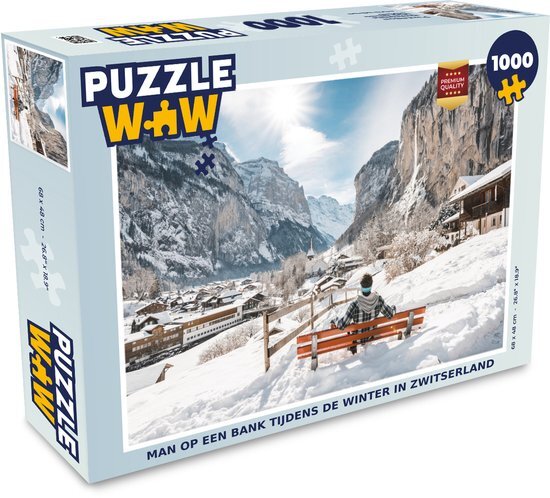 MuchoWow Puzzel Man op een bank tijdens de winter in Zwitserland - Legpuzzel - Puzzel 1000 stukjes volwassenen