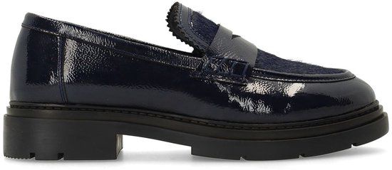 Manfield - Dames - Donkerblauwe lakleren loafers met pony hair - Maat 40