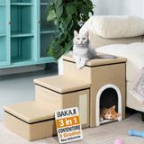 BAKAJI 3-in-1 vouwtrap voor honden en katten, van polyester, beige, multifunctionele ladder voor opbergvak en hondenhok, ergonomische treden, antislip onderkant