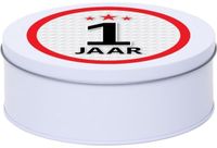 Merkloos / Sans marque Leeftijd Snoeptrommel - koektrommel Cadeau - wit - rond blik - met 1 jaar sticker - Cadeauverpakking - verjaardag - Dia blik is 18 cm