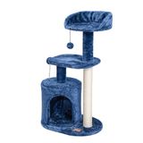 Cleva Home Diepe denimblauwe kattenboom, 72 cm, gezellig appartement, sisal krabpaal, pluche zitstokken en pompon speelgoed voor binnenkatten