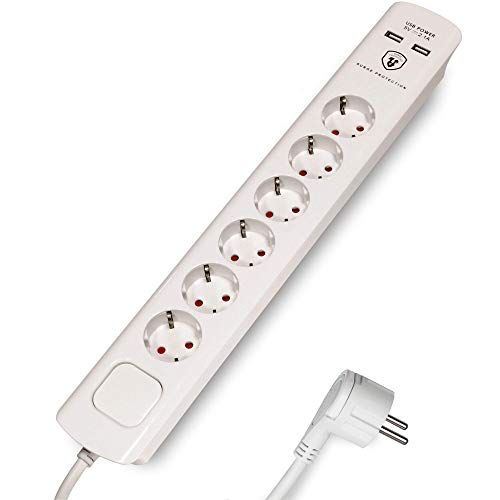 FeinTech MD000633 6-voudige stekkerdoos met USB 3 m kabel platte stekker
