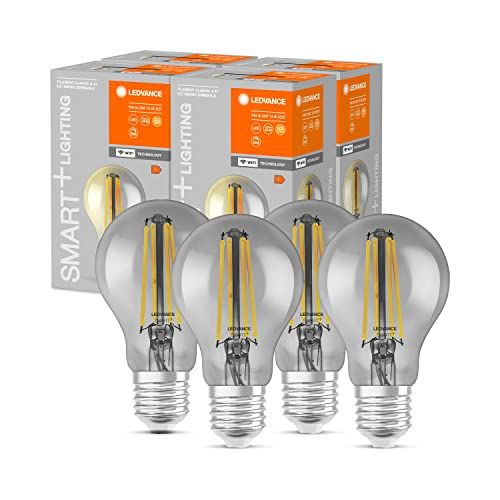 Ledvance Slimme LED-lamp met Wifi, E27-basis, Dimbaar, Warm wit (2500K), Bolvorm, Heldere gloeidraad in gerookt glas, 4-pak