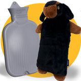 Bouillotte XXL 3,5L avec housse - Motif chien teckel - Housse polaire douce - XL pour bébés, enfants et adultes - Cadeau femme/petite amie