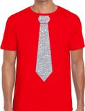 Bellatio Decorations Carnaval verkleed t-shirt - met zilveren glitter stropdas - rood - voor heren - disco - glamour S
