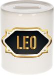 Bellatio Decorations Leo Spaarpot - wit - met goud/zwart embleem - 8 x 9 cm - keramiek - met afsluitdop - cadeau verjaardag