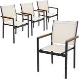 ML-Design Tuinstoelen, set van 4 met armleuningen in houtlook, beige, tuinstoel van textileen, terrasstoelen met aluminium frame, balkonstoel weerbestendig/stapelbaar, stoel voor tuin, balkon en