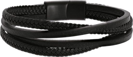 Lucardi Heren Blackplated armband gevlochten leer - Zwart - 21 cm