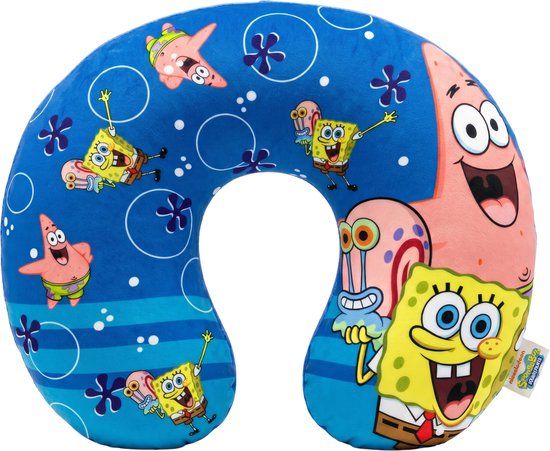4KidsOnly Sponge Bob Reiskussen Blauw Velours Katoen Ergonomisch Neksteun