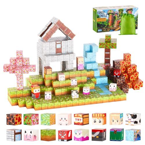 VEVOR Magnetische blokken, set van 150 stuks, magneetdobbelstenen voor kinderen, met slot in het bos, sensorisch speelgoed STEM Montessori, stapelbaar bouwspeelgoed voor kinderen