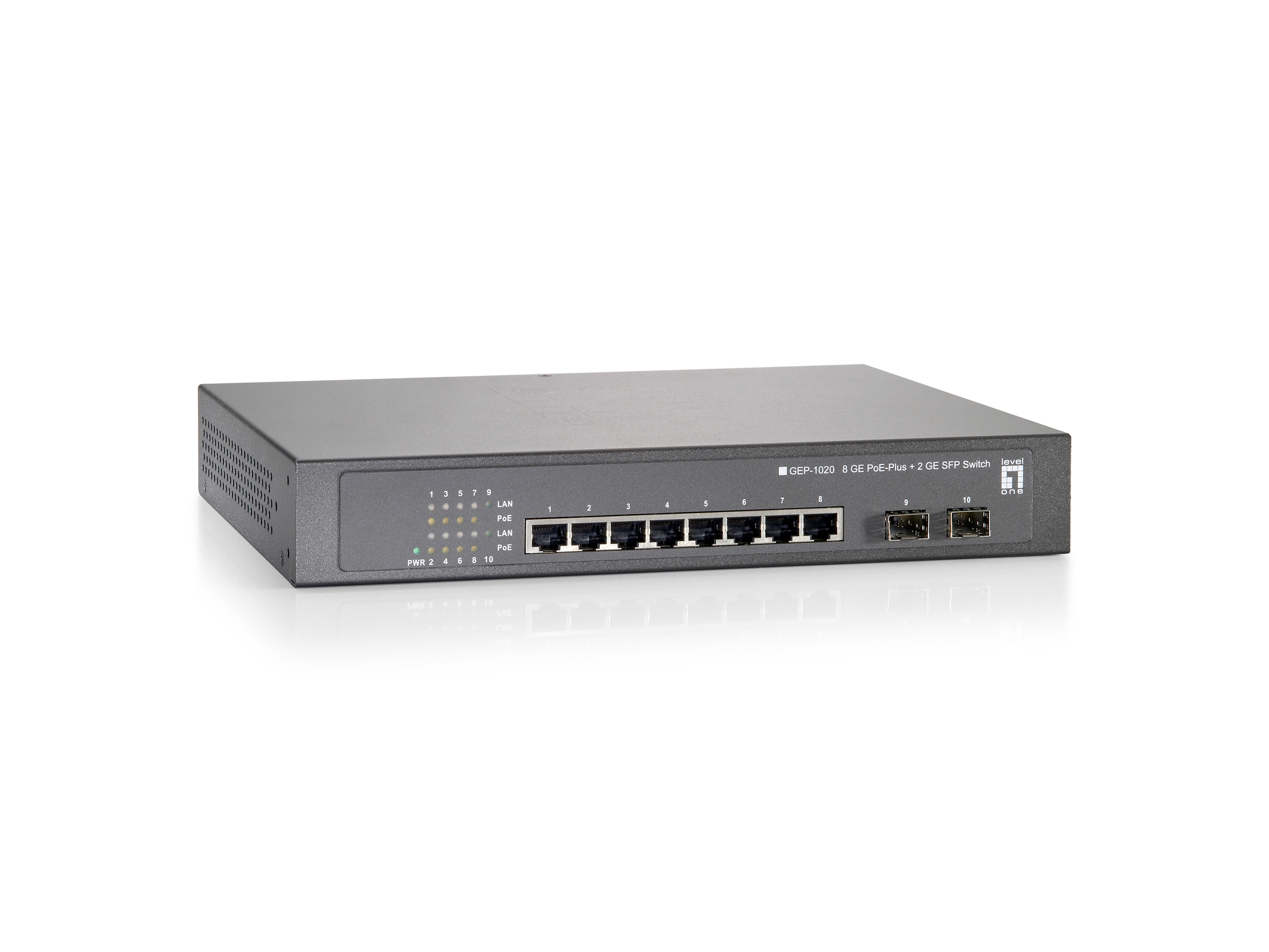 LevelOne 10-Port Gigabit PoE Switch, 802.3at/af PoE, 2 x SFP, 8 PoE Outputs, 150W